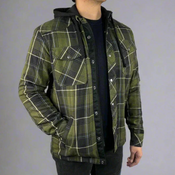 Man wearing green plaid flannel jacket with hood and front pockets, casual outerwear fashion