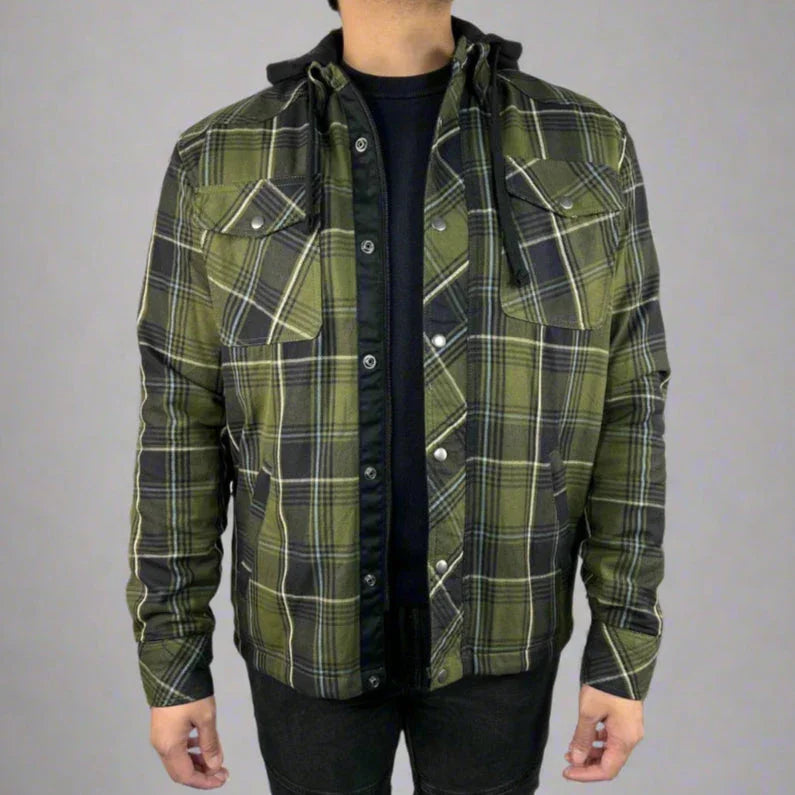 Man wearing green and black plaid flannel jacket with hood, front view