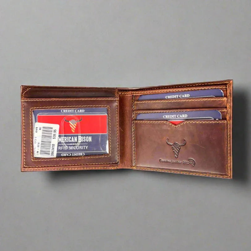 Brown leather RFID wallet open, displaying credit cards and American Bison branding