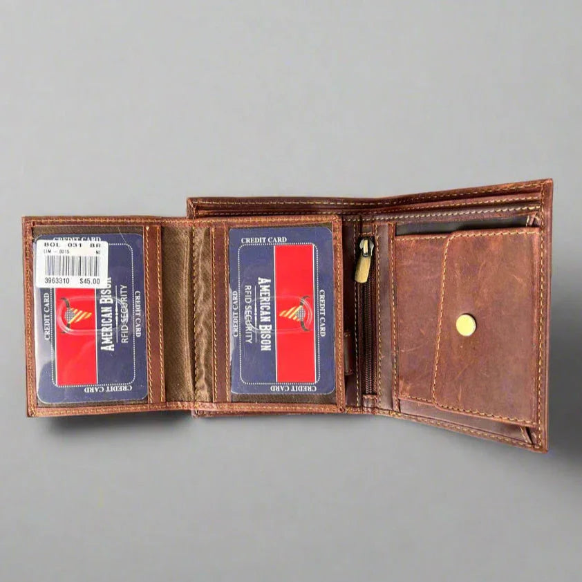 Brown leather trifold wallet with card slots, zipper pocket, and snap button coin pouch