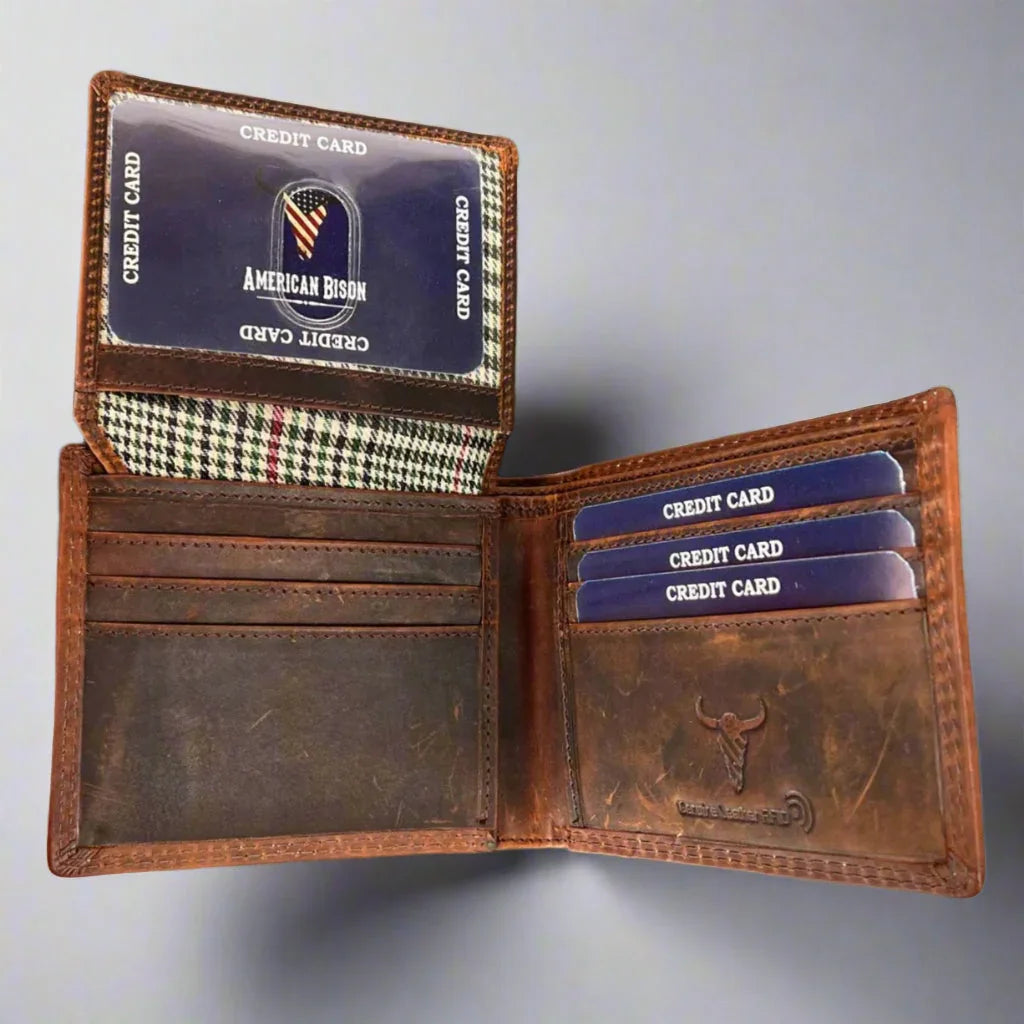 Brown leather bifold wallet with credit cards and houndstooth fabric lining