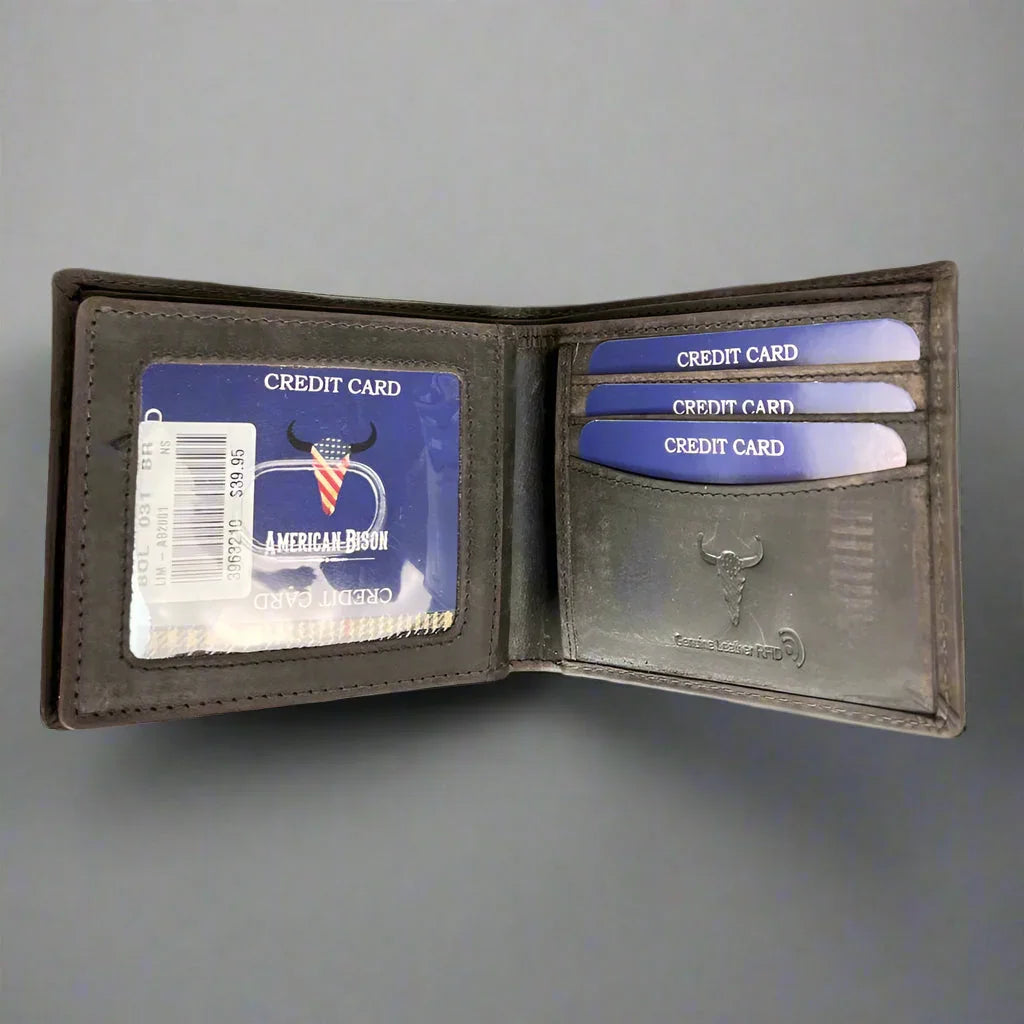 Open black leather wallet with multiple credit cards and logo on gray background