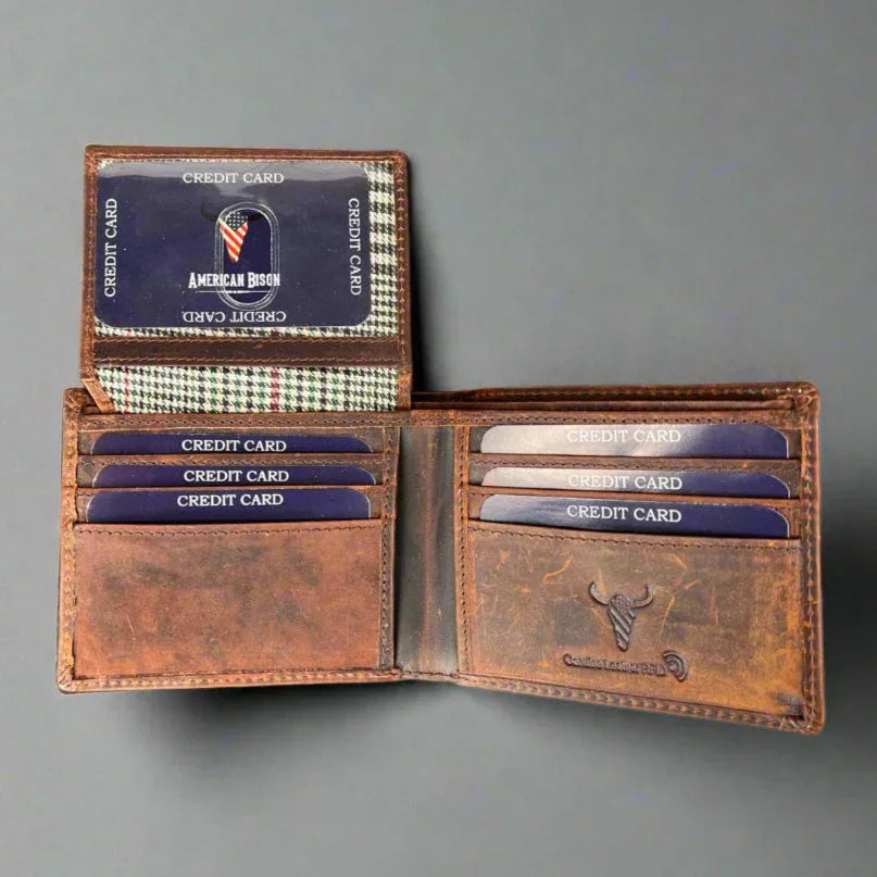 Brown leather RFID wallet with multiple credit card slots on gray background