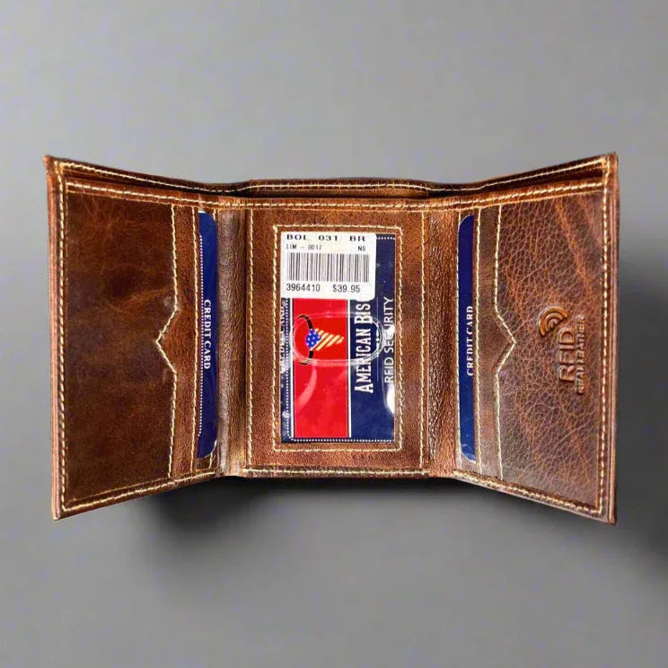 Brown leather RFID security wallet open showing credit card slots and ID window