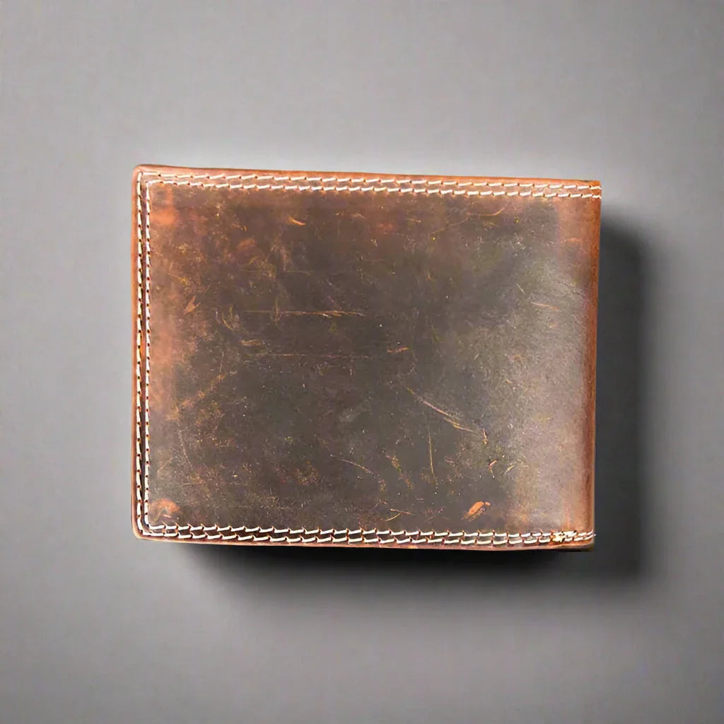 Brown leather wallet with contrast stitching on gray background