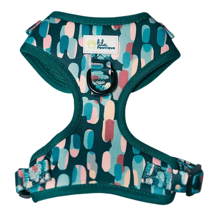 Colorful patterned dog harness with teal, pink, and blue shapes, Bila Pawtique brand