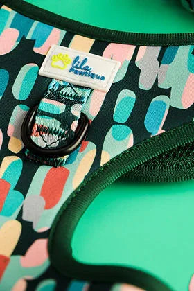 Colorful patterned dog harness with metal ring on green background, Lila Pawsitive label visible.