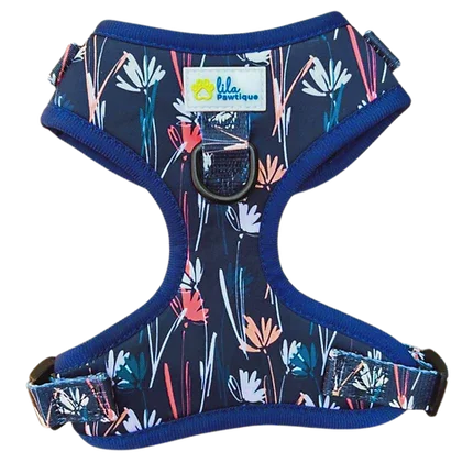 Floral dog harness with blue trim and abstract botanical pattern by Lila Pawtique