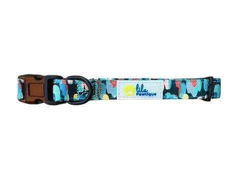 Colorful adjustable dog collar with ice cream print and Lila Pawtique logo on white background