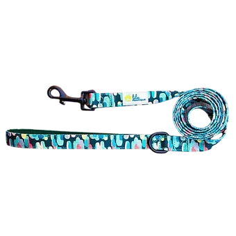 Colorful patterned dog leash with abstract design and black metal clip