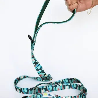 Teal patterned dog leash held by hand on white background