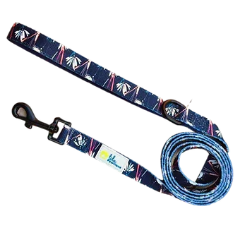 Navy blue dog leash with white palm tree pattern and metal clip