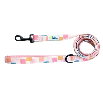 Pink multicolor checkered dog leash with black metal clip, rolled on a white background
