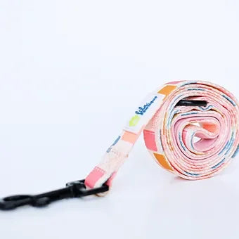 Colorful rolled dog leash with geometric pattern and black clasp on white background