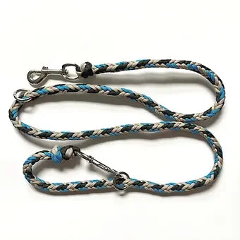 Braided dog leash with blue, grey, and black colors on a white background