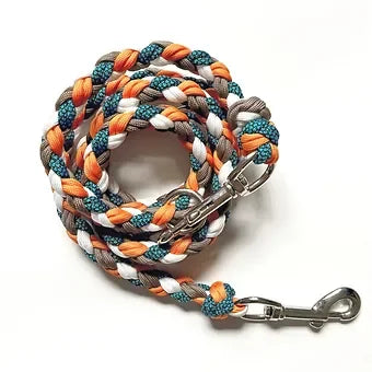 Braided nylon dog leash with orange, blue, white, and gray colors and metal clip