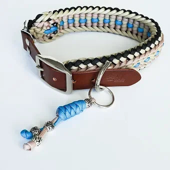 Handmade braided dog collar with leather buckle and blue decorative charm