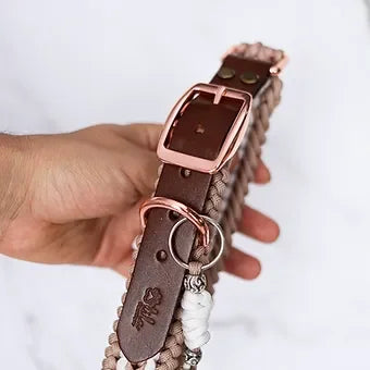 Hand holding brown leather and rope dog collar with rose gold buckle and hardware