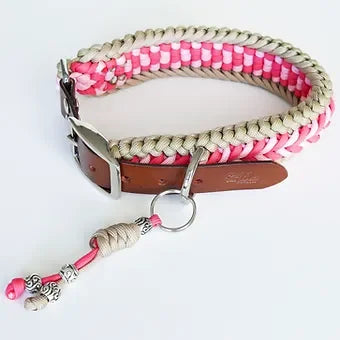 Pink and beige paracord dog collar with leather band and decorative beads