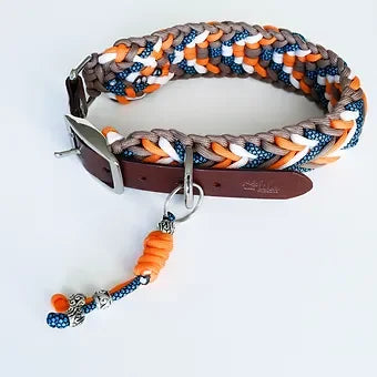 Braided paracord dog collar with orange, blue, and beige pattern and metal buckle