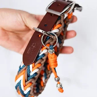 Hand holding a braided dog collar with leather buckle and orange, blue, white accents