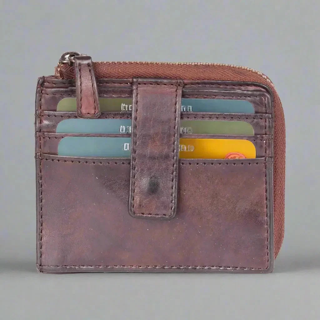 Brown leather credit card wallet for men with front tab and visible card slots