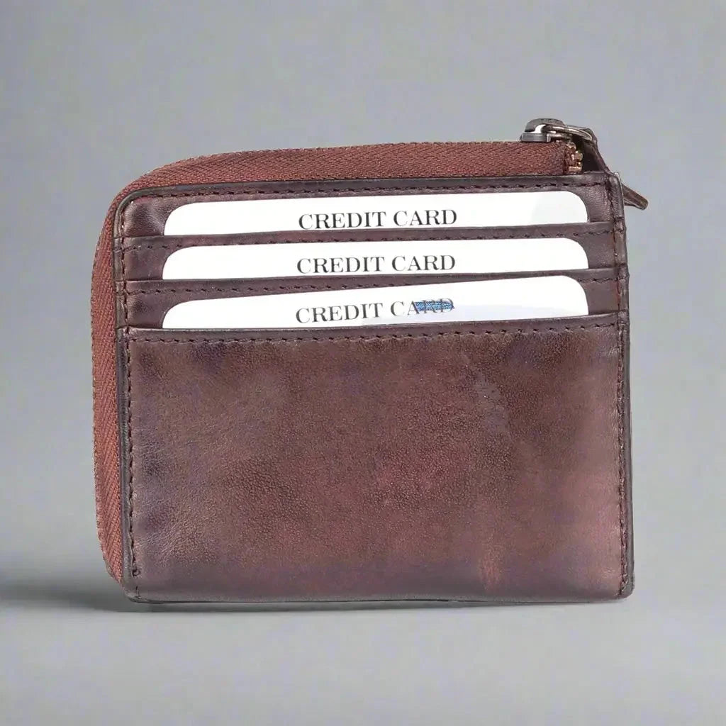 Brown leather men's credit card wallet with front tab and three visible card slots