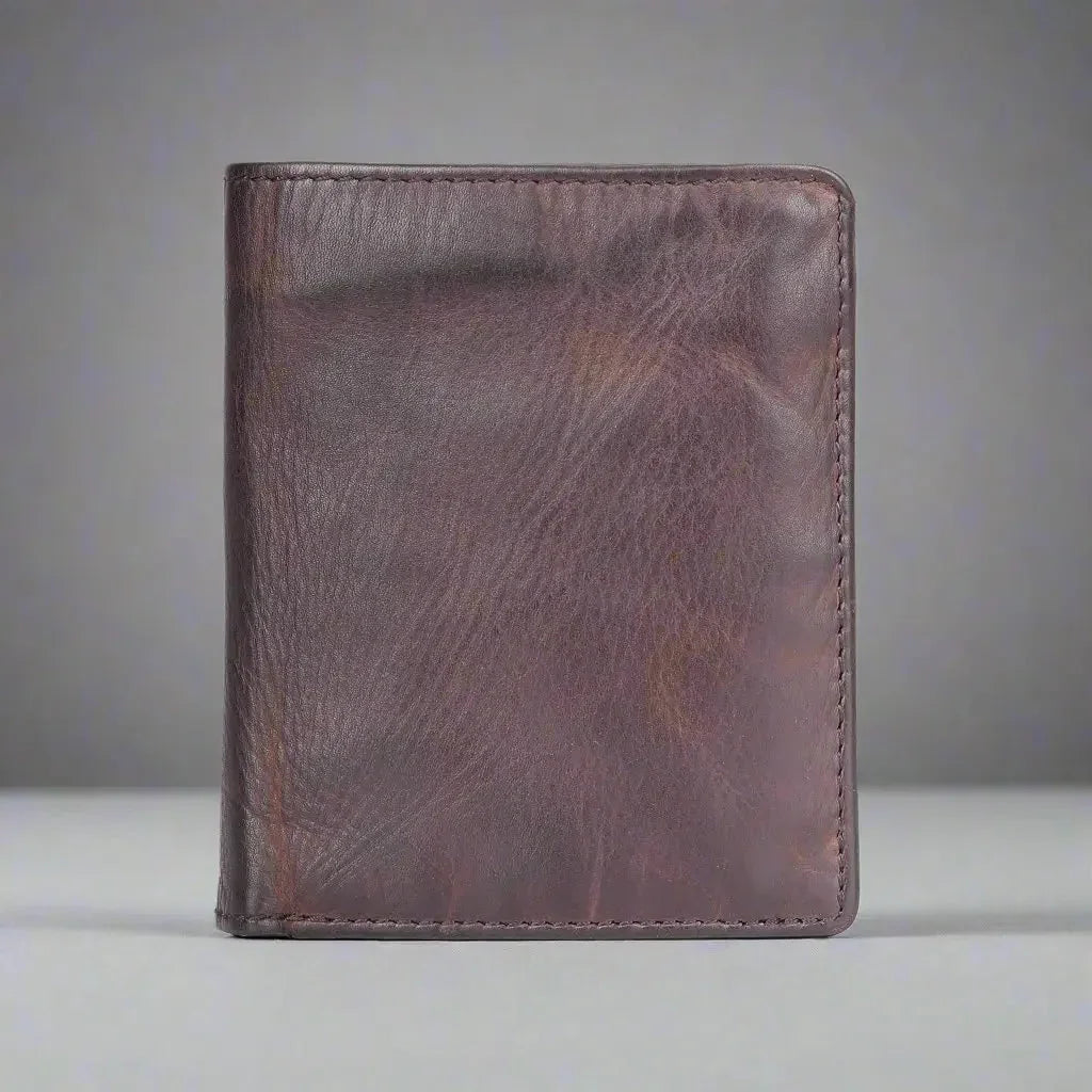 Men's upright brown leather wallet on a plain gray background