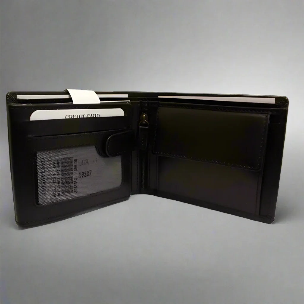 Black men's flip coin wallet open with card slots and coin pocket on gray background