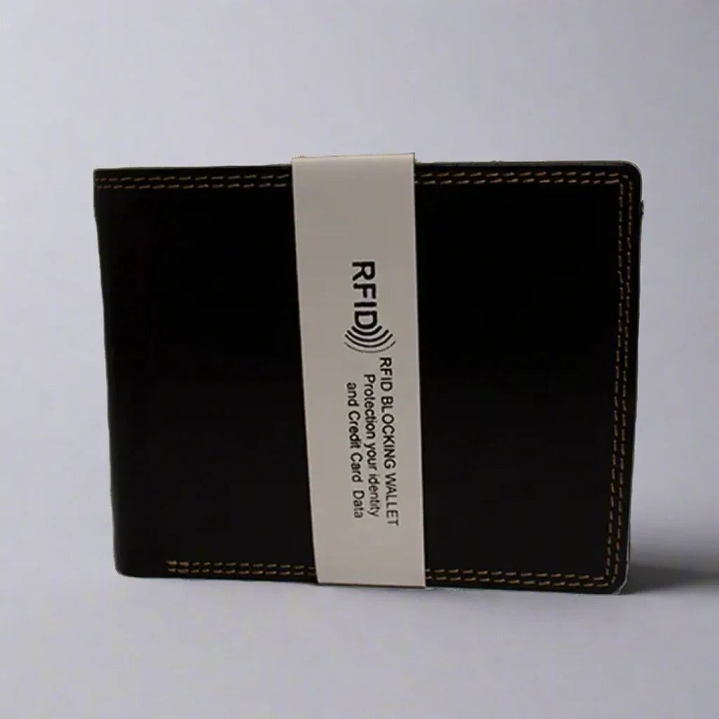 Black RFID blocking wallet with contrast stitching and security label