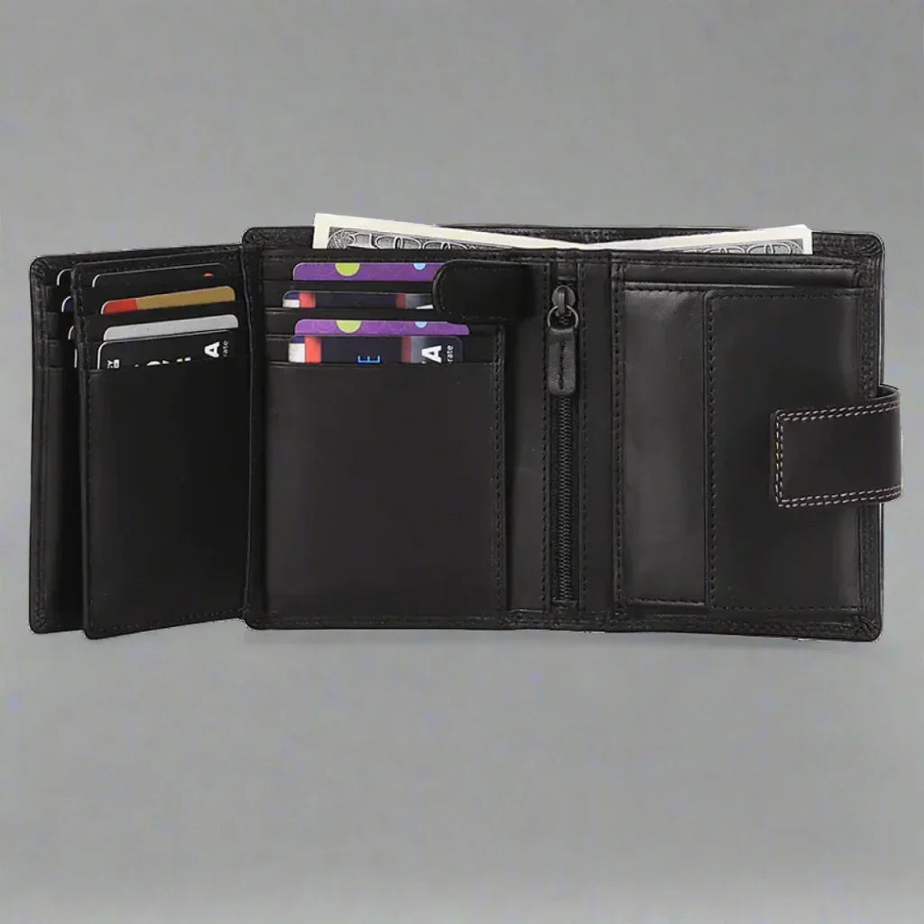 Black leather trifold wallet open with cash, credit cards, and zipper pocket visible