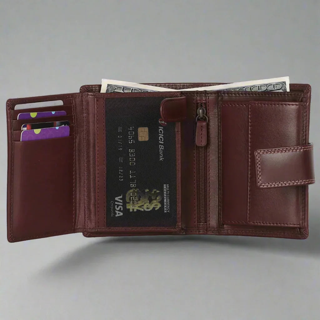 Open brown leather wallet with multiple card slots, zipper pocket, and cash compartments