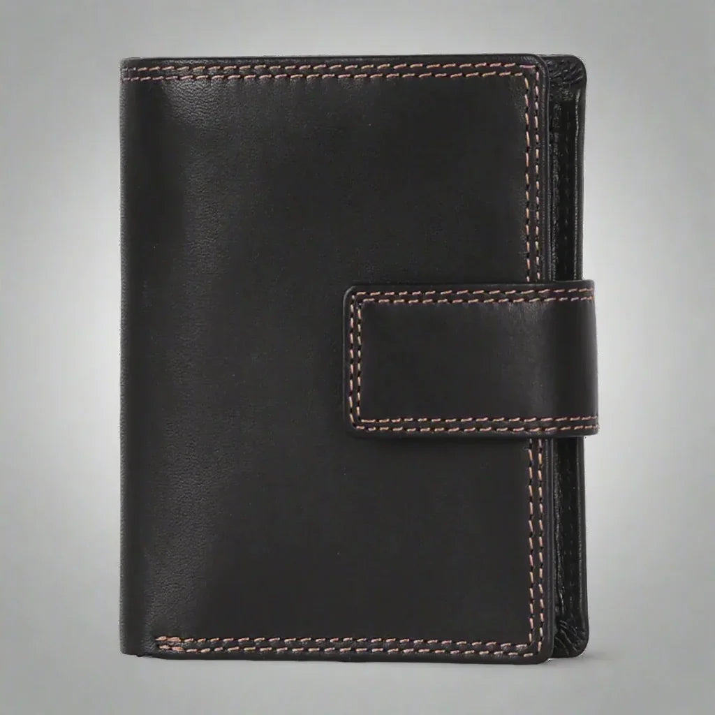 Black leather wallet with brown stitching and snap closure on a light background