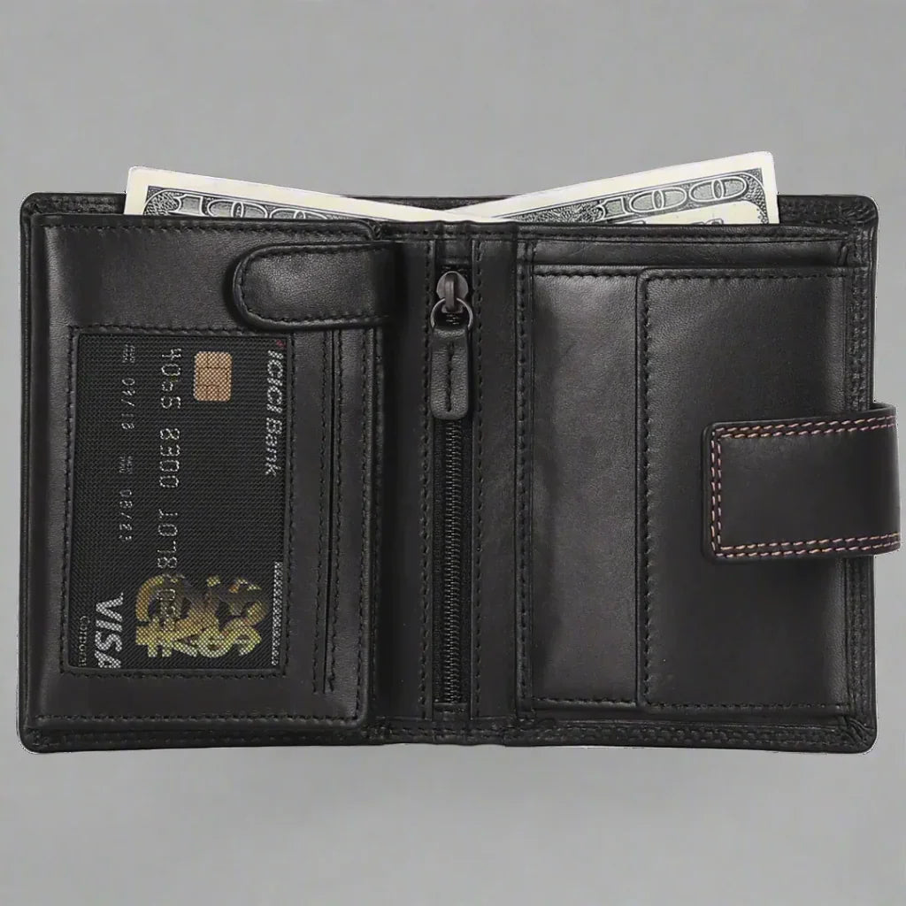 Black leather bifold wallet open with cash, credit card, zipper pocket and stitched strap