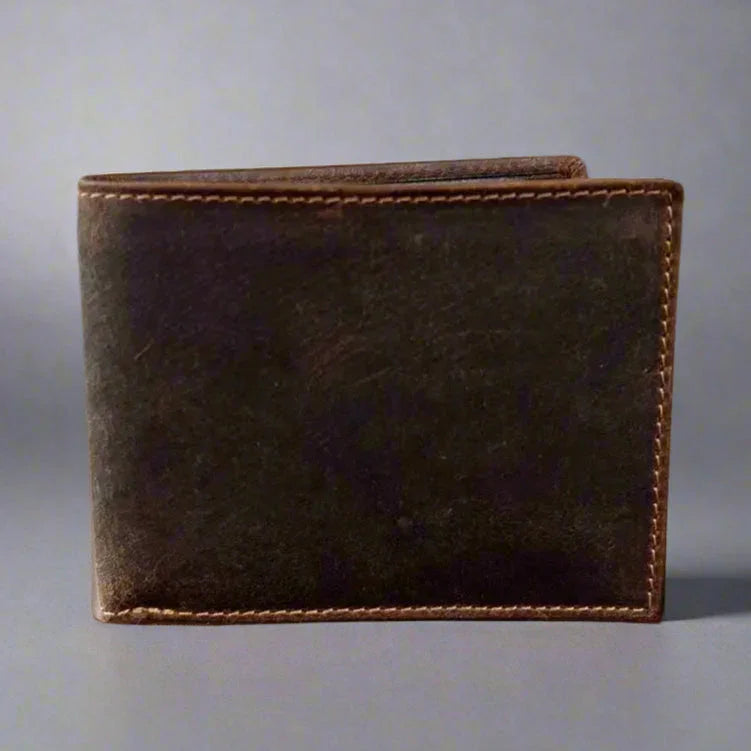Brown men’s leather wallet with stitching, plain design, on neutral background