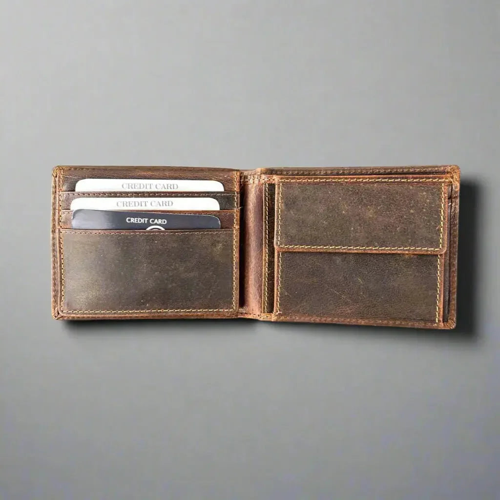 Men's brown leather wallet with coin pocket and credit card slots on gray background