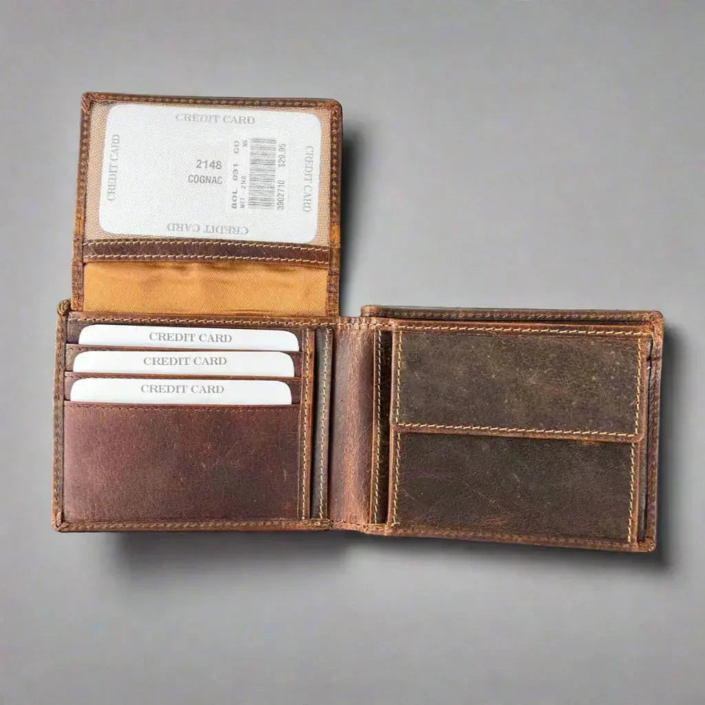 Men's brown leather wallet with coin pocket and multiple card slots on grey background