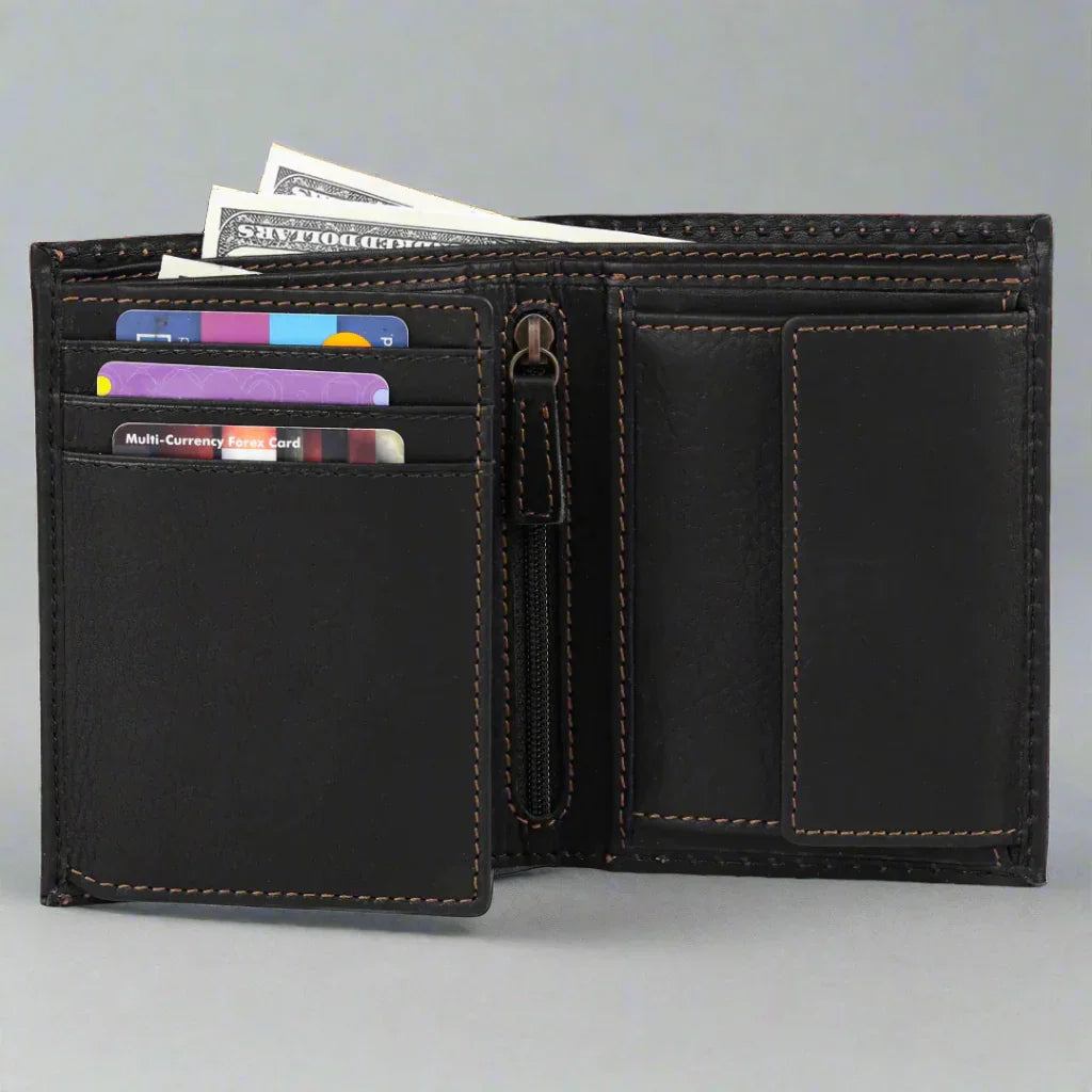 Open black leather wallet with cards, cash, and a zippered coin pocket on a gray background