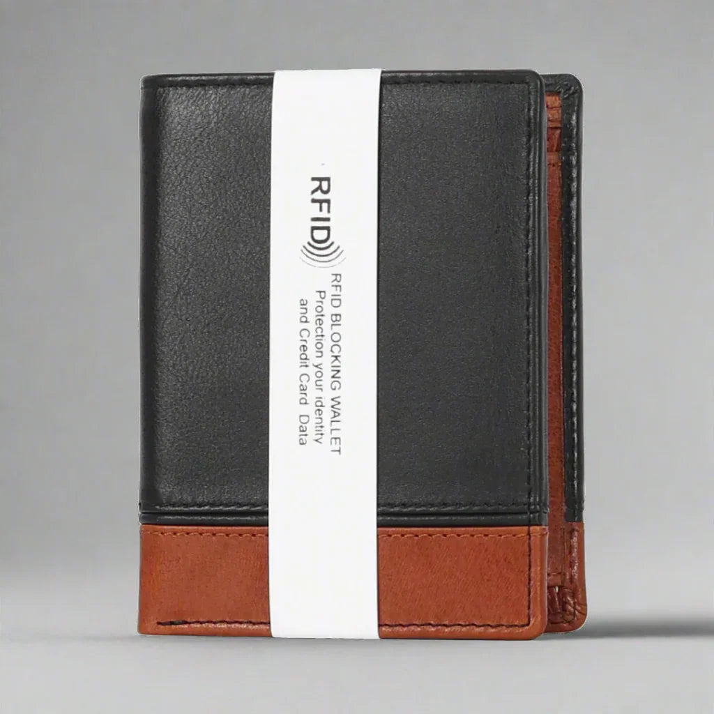 Black and brown leather RFID blocking wallet with security label against grey background