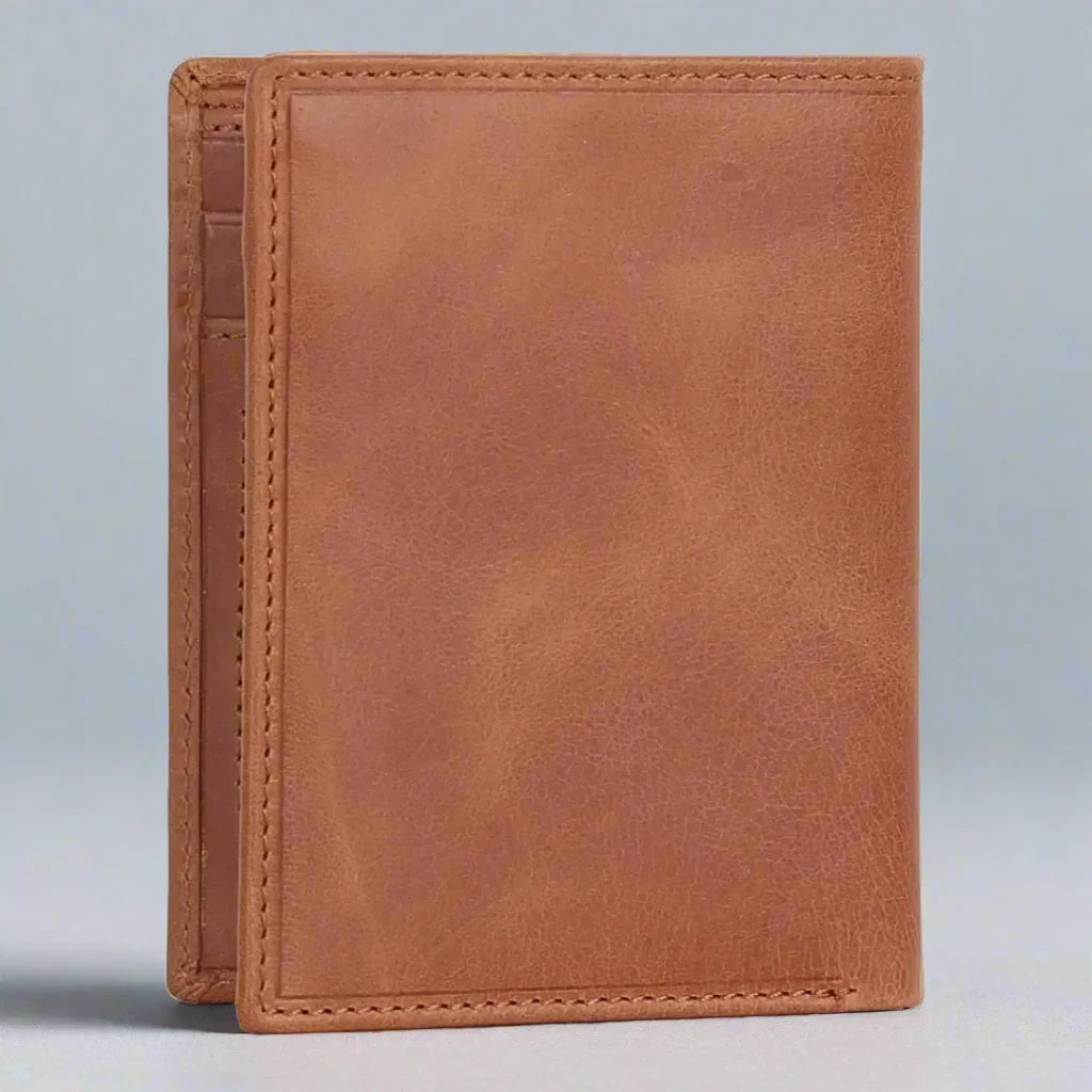 Beige leather wallet standing upright on a neutral background