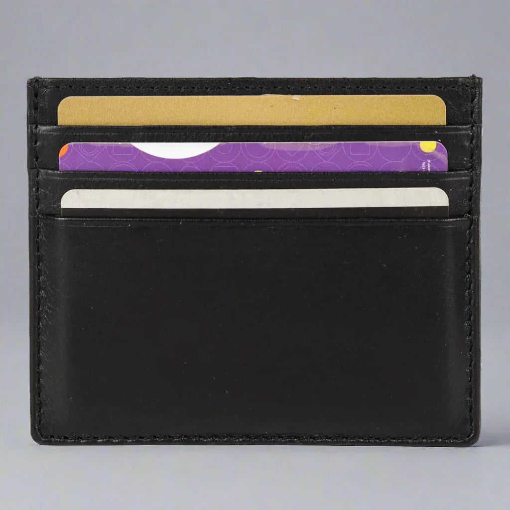 Slim black leather card holder wallet with three credit cards inserted, on plain background.