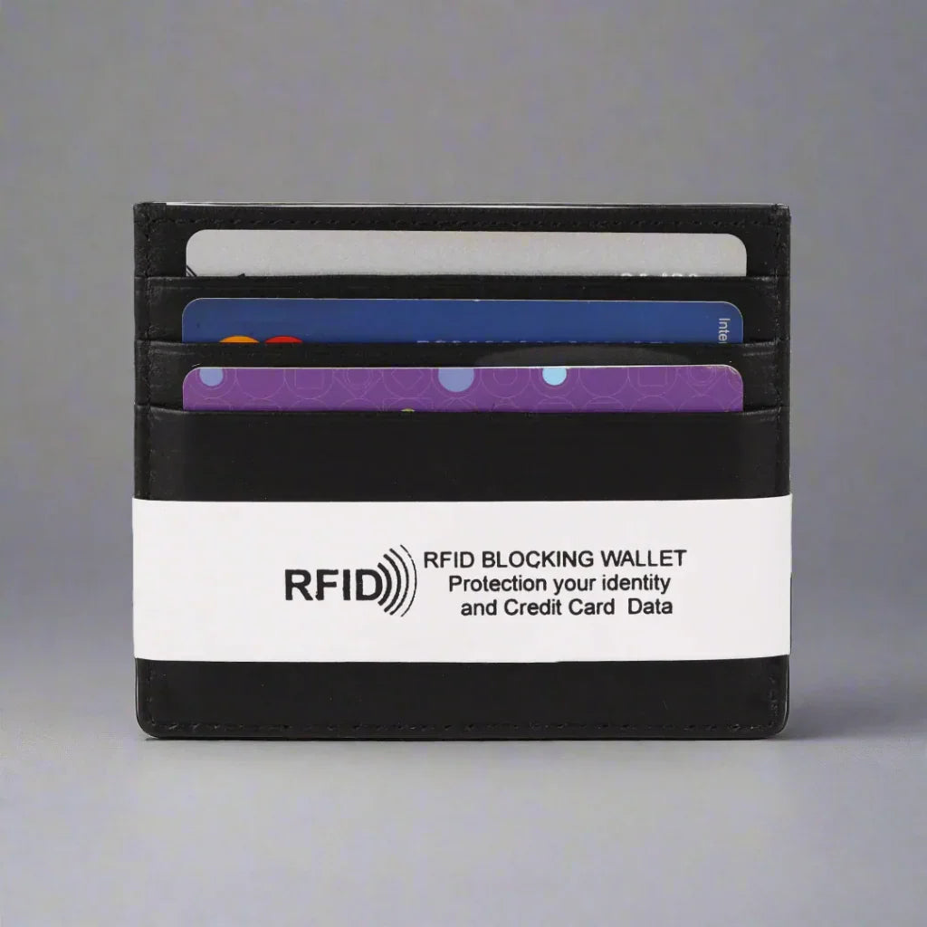 Black RFID blocking wallet with credit cards, protective band, and security message