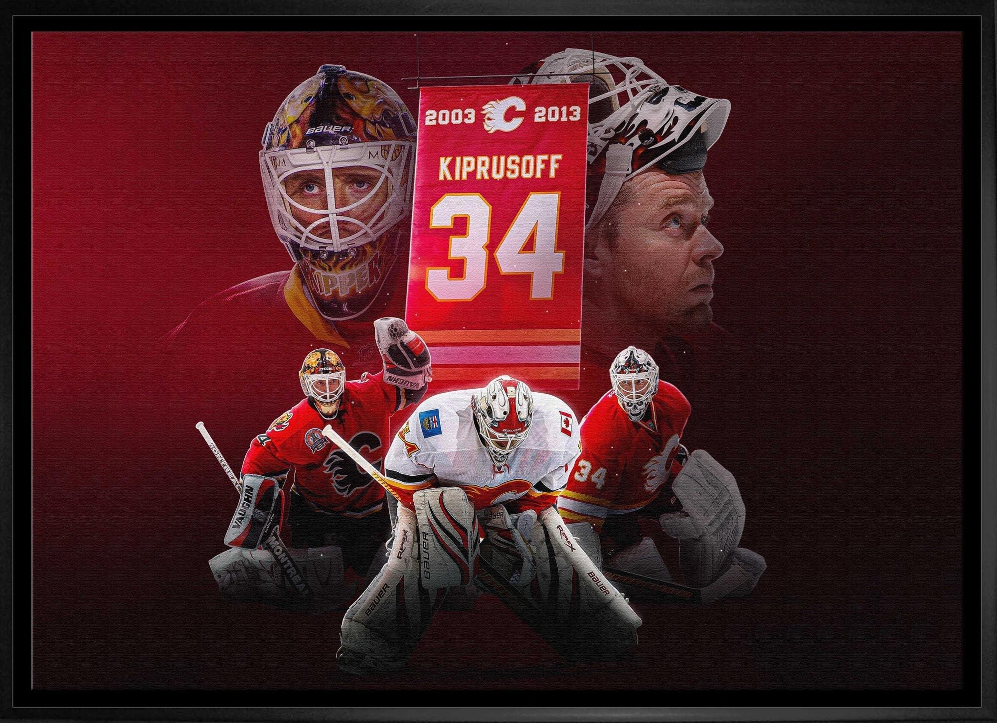 Calgary Flames Miikka Kiprusoff goalie tribute collage with jersey retirement banner