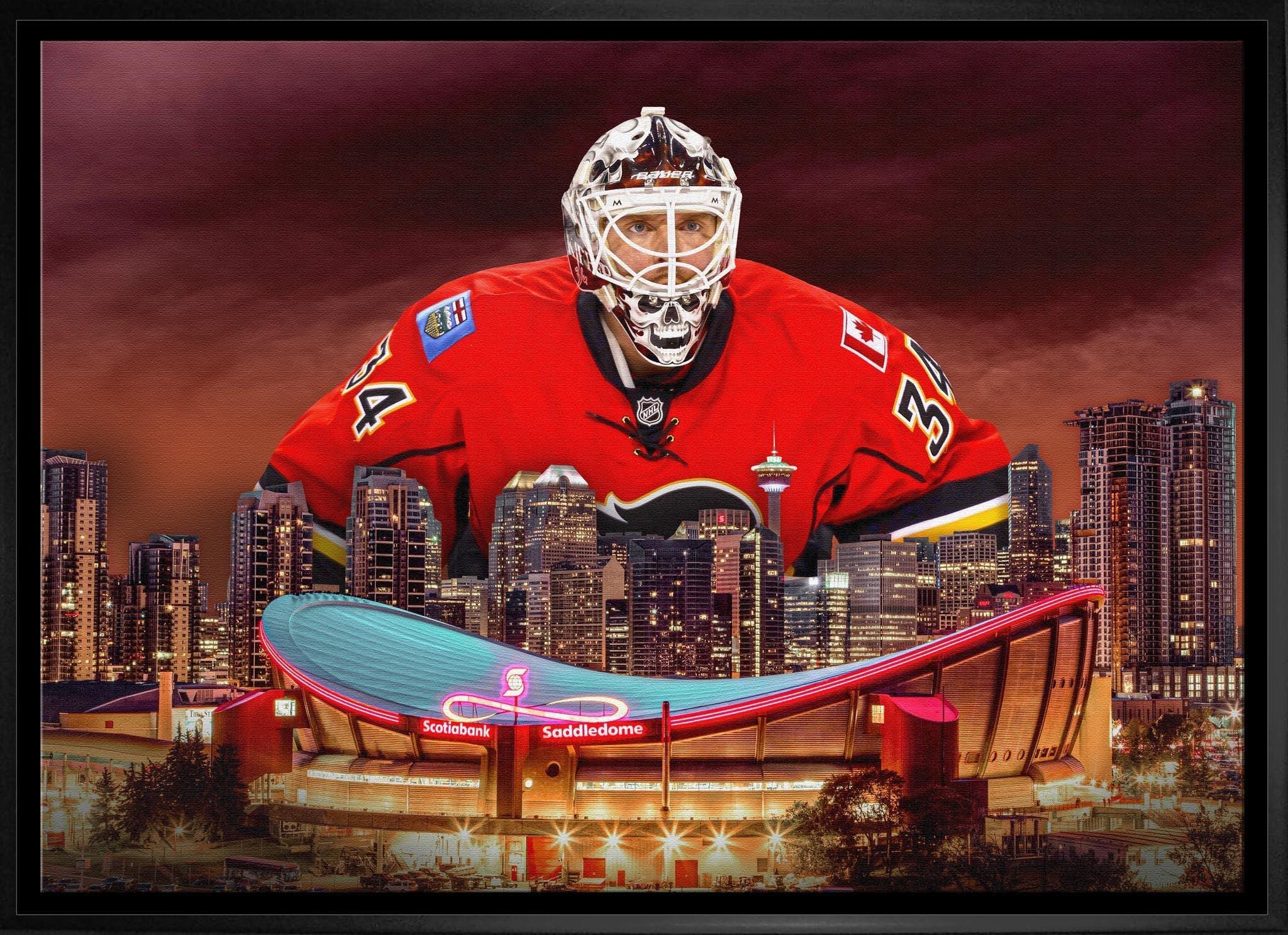 Hockey goalie in red jersey over Calgary skyline and Scotiabank Saddledome arena at sunset