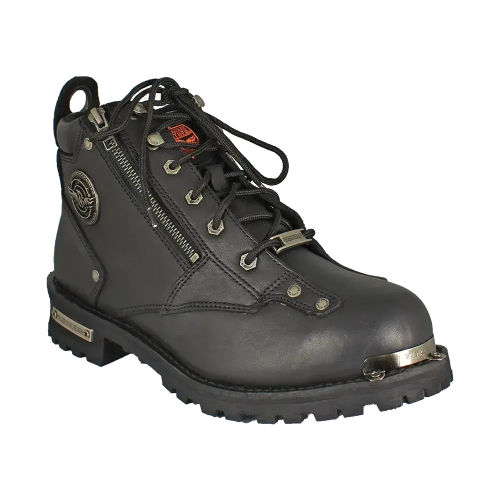 Black leather motorcycle boot with metal accents, side zipper, and rugged sole
