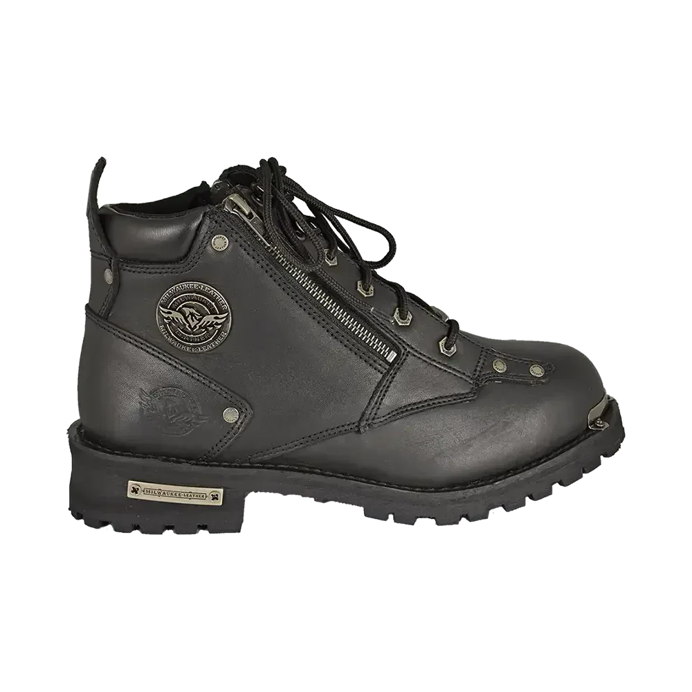 Black leather motorcycle boot with side zipper, metal emblem and rugged sole