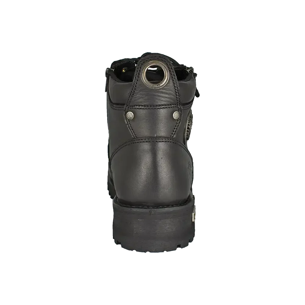 Black leather motorcycle boot rear view with metal eyelet and rugged sole