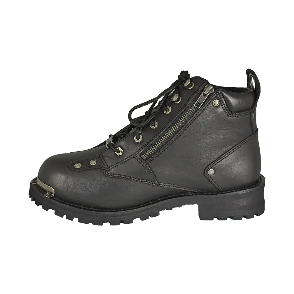 Black leather motorcycle boot with side zipper, rugged sole, and metal toe guard