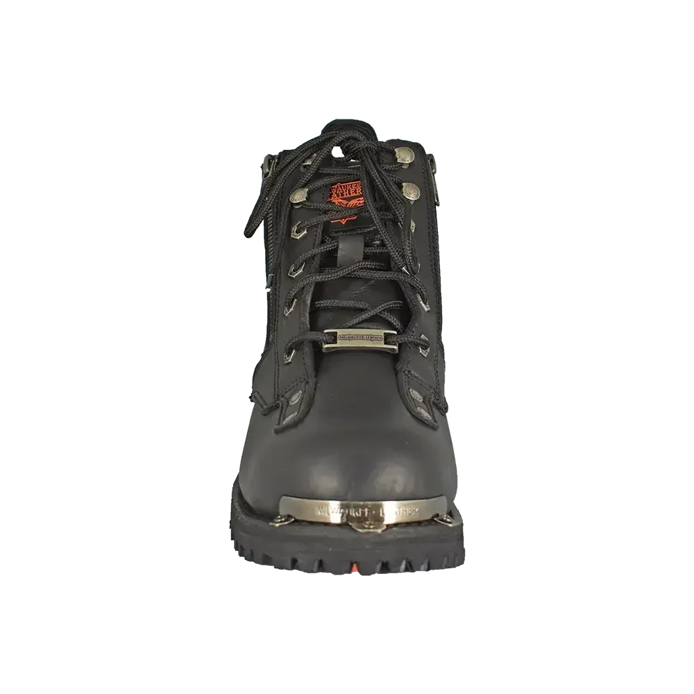 Front view of black leather motorcycle boot with metal toe cap and rugged sole