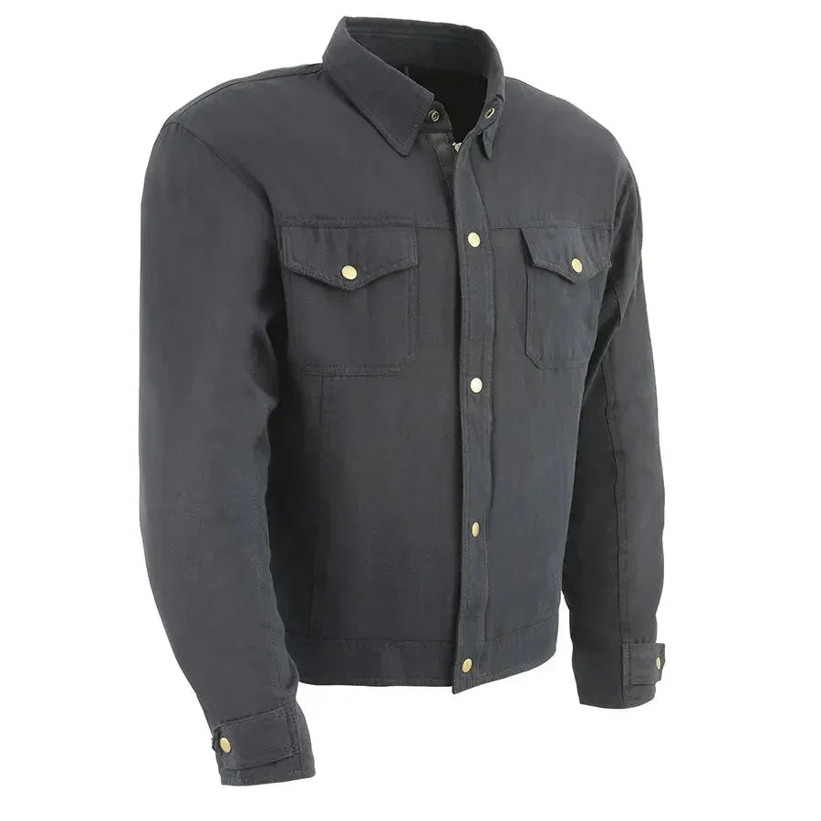 Men's black reinforced fiber armored shirt with button pockets and gold snaps